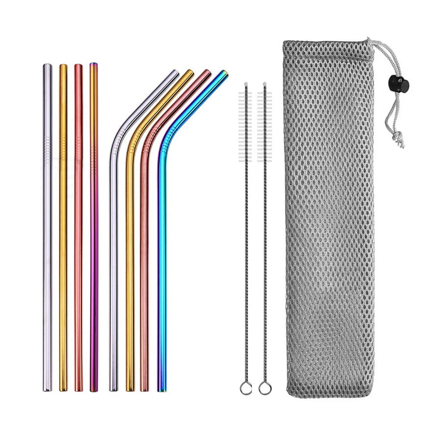 Reusable Drinking Straw 304 Stainless Steel Straws Straight Bent Metal Straw with Cleaner Brush Pouch Wholesale