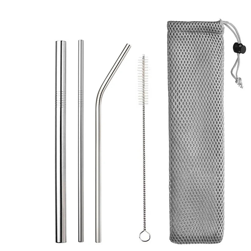 Reusable Drinking Straw 304 Stainless Steel Straws Straight Bent Metal Straw with Cleaner Brush Pouch Wholesale