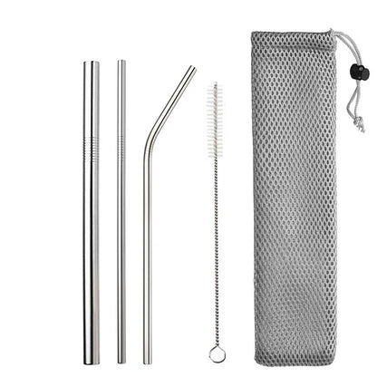 Reusable Drinking Straw 304 Stainless Steel Straws Straight Bent Metal Straw with Cleaner Brush Pouch Wholesale