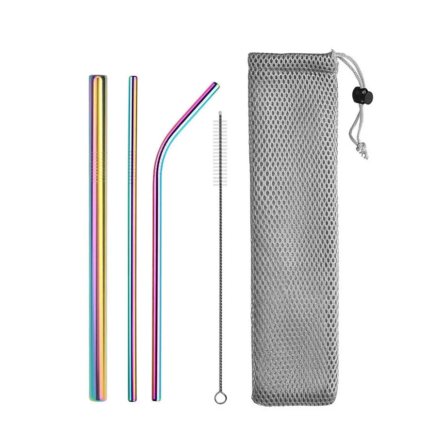 Reusable Drinking Straw 304 Stainless Steel Straws Straight Bent Metal Straw with Cleaner Brush Pouch Wholesale