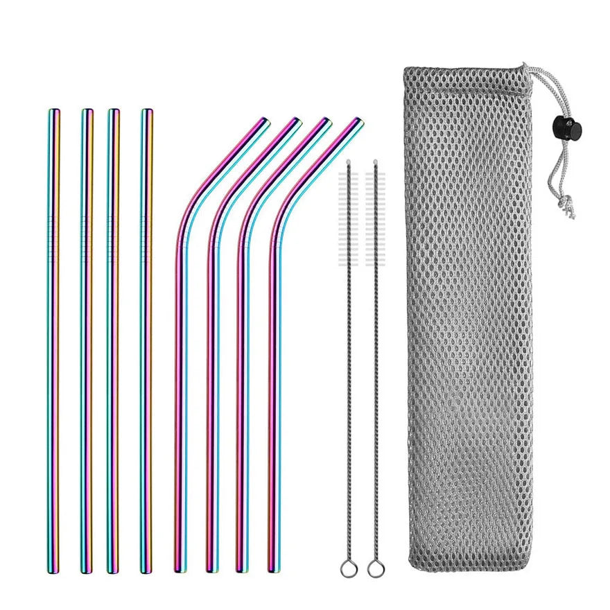 Reusable Drinking Straw 304 Stainless Steel Straws Straight Bent Metal Straw with Cleaner Brush Pouch Wholesale