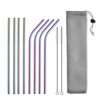 Reusable Drinking Straw 304 Stainless Steel Straws Straight Bent Metal Straw with Cleaner Brush Pouch Wholesale